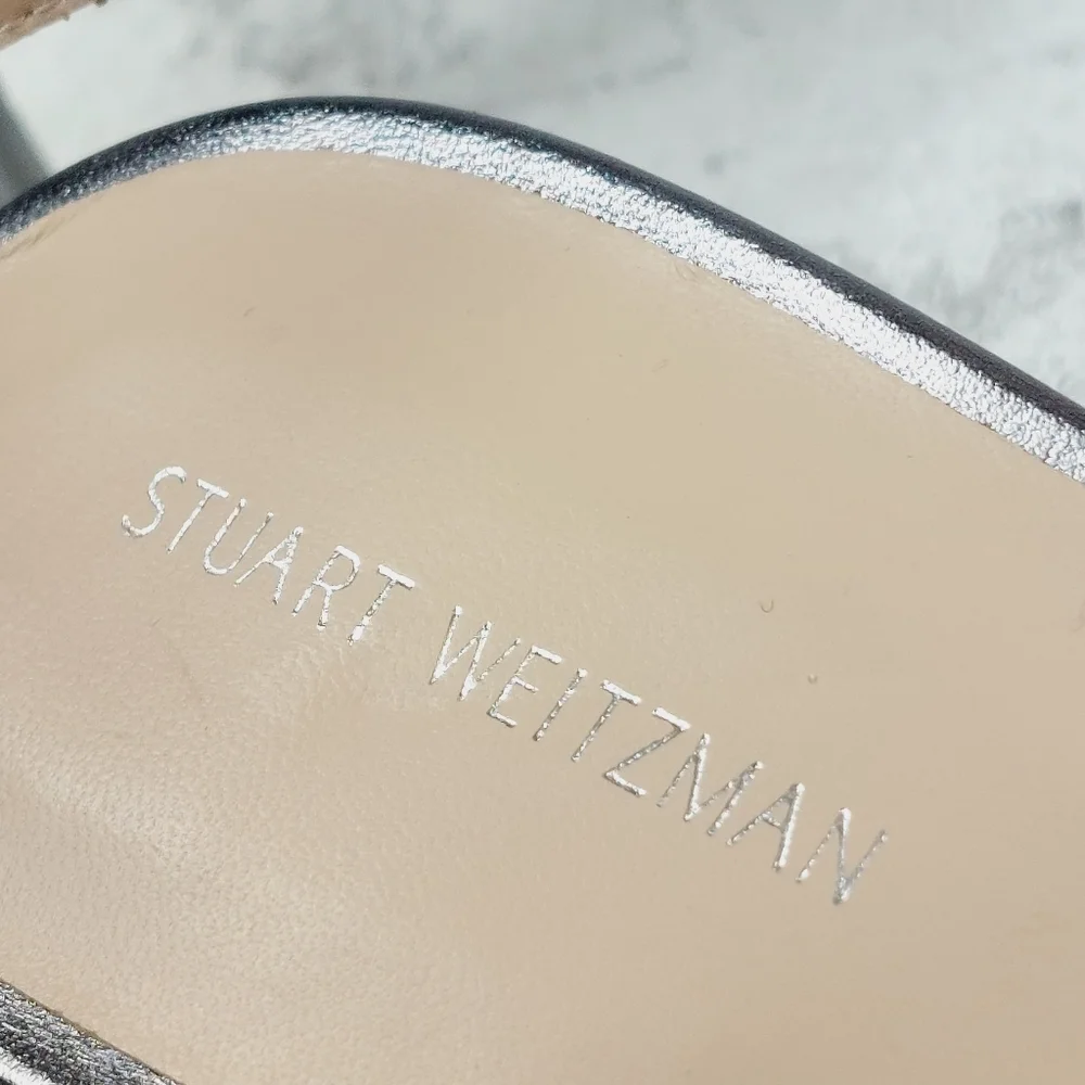 New Staurt Weitzman Starla Silver Leather Strappy Sandals